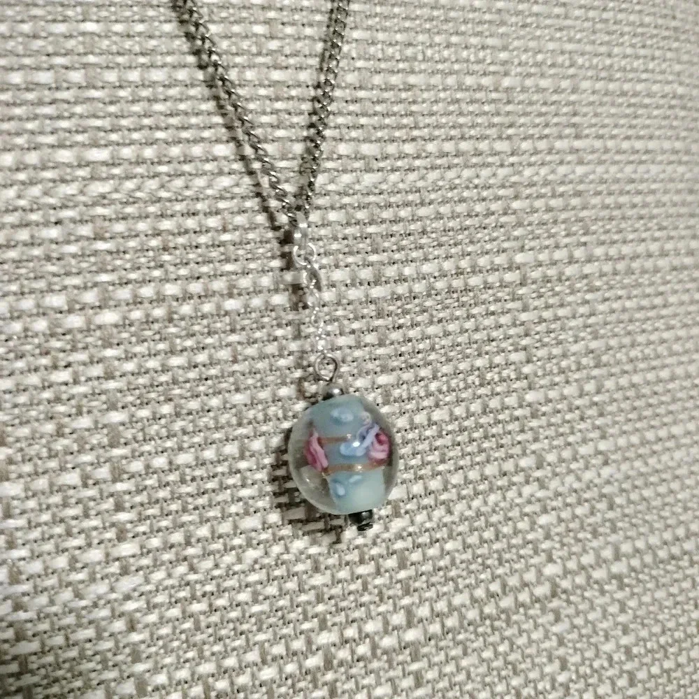 Glass Bead Silver Tone Dangle Floral Pendant Circle Signed SUC925CH